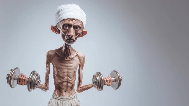Stylized elderly man lifting dumbbells with sad expression digital art