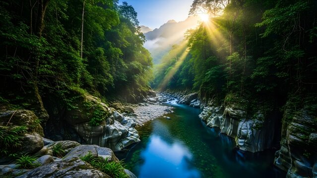 Serene river flowing through dense forest with sun rays penetrating the canopy above - Powered by Adobe