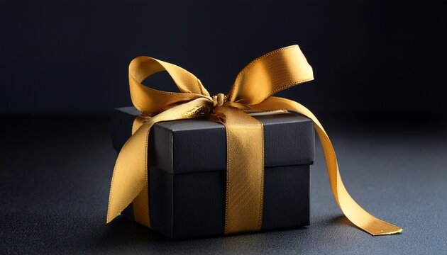 elegant black gift box with golden ribbon on dark background