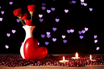 Romantic valentines day setup with red roses heart shaped vase and candles on table