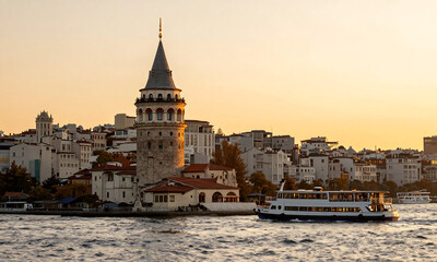 Fototapeta premium serene historic galata tower warm golden light sunset tranquil karaköy waterfront ferries gliding