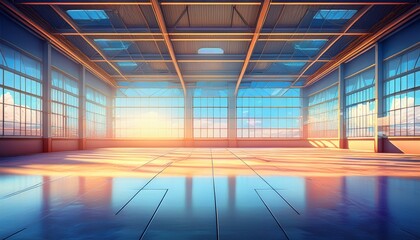 empty hangar with large windows showcasing a bright sky