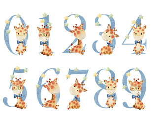 Watercolor animals numbers.