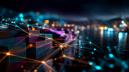 Futuristic port connectivity and digital network with vibrant shipping container technology, innovation, global logistics, efficiency, colorful visualization defocused, with copy s