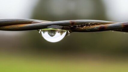 Close-up of a water droplet hanging on a barbed wire fence.