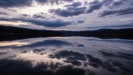 Obraz premium Dramatic Cloudscape Reflected in Calm Lake Waters at Dusk.