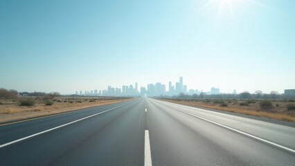 Fototapeta premium wide open road from low angle perspective leading toward distant city skyline under clear sky minimal highway scene with strong depth and freedom feeling concept of travel transportation