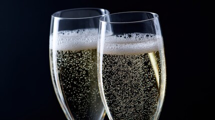 bubbling champagne glasses, a high-speed shot captures two champagne flutes filled with vigorous bubbles and foam, revealing tiny bubbles in deep focus