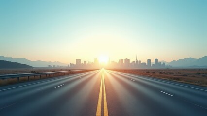 Fototapeta premium wide open road from low angle perspective leading toward distant city skyline under clear sky minimal highway scene with strong depth and freedom feeling concept of travel transportation