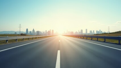 Fototapeta premium wide open road from low angle perspective leading toward distant city skyline under clear sky minimal highway scene with strong depth and freedom feeling concept of travel transportation