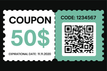 Vector Coupon Graphic with QR Code and 50 Dollar Discount Offer on Dark Background