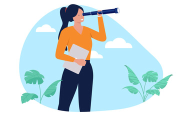 Young businesswoman holding a laptop and looking through a spyglass telescope to find new opportunities and future success in a modern flat design vector illustration with outdoor sky background