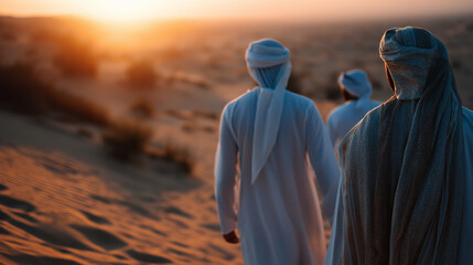 Faceless Arabic men in Dubai desert wearing traditional white robes, cultural scene, sand landscape, Middle Eastern heritage photography, traditional clothing, with copy space