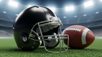 American Football Helmet and Ball on Field.