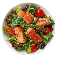 A delicious salmon salad with fresh vegetables in a white bowl isolated on transparent background