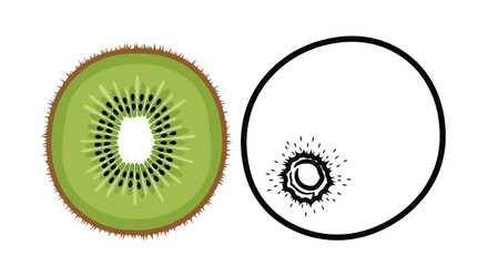 Illustration of a halved kiwi fruit next to a black and white circular design on a plain white background.