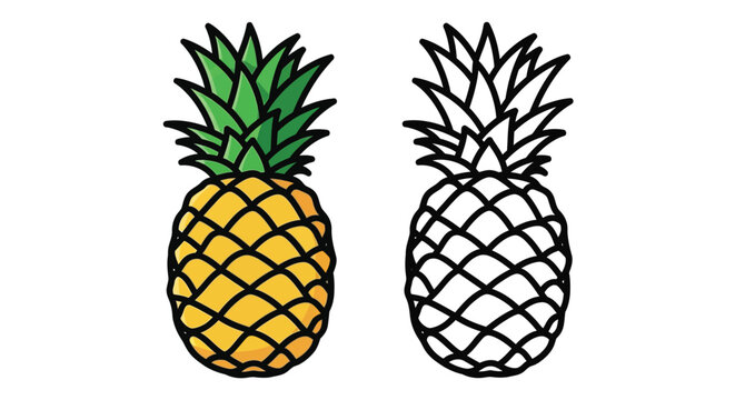 Illustration of a colored and a black-and-white line drawing pineapple side by side on a white background.