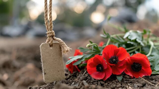 Vibrant red poppies alongside a rustic blank tag on sacred ground profoundly symbolize remembrance and the immense sacrifices made by courageous service members for peace