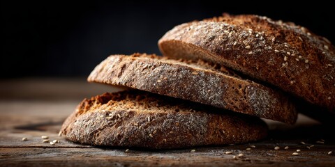 artisanal bread display, a rustic presentation with three thick slices of dark whole wheat bread stacked unevenly, showcasing the rough texture, seeds, and subtle steam