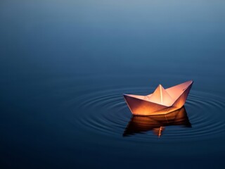 Surreal metaphor of hope with glowing paper boat on dark water, emotional concept with copy space