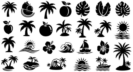 Black silhouettes of tropical icons including palm trees waves fruits and floral motifs on transparent background for design