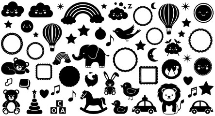 Black and white illustration of various cute cartoon animal and object silhouettes for kids