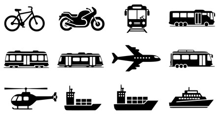 Collection of various transportation icons including bicycles motorcycles buses trains airplanes helicopters ships
