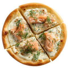 A delicious salmon pizza cut into slices on a black background isolated on transparent background