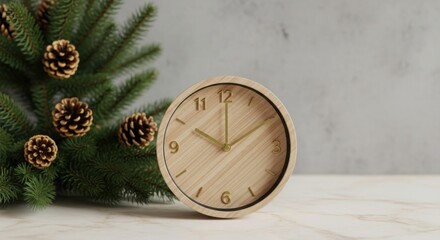 Wooden Round Clock with Gold Hands and Pine Cones on Marble Table