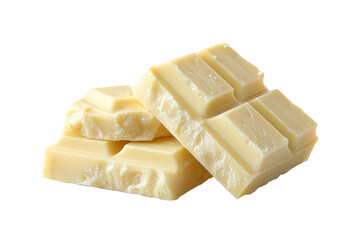 Two pieces of creamy white chocolate, broken into squares, lie stacked atop one another against a black background.  The texture appears smooth and slightly grainy