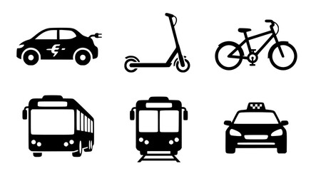 Collection of urban transportation icons including electric car scooter bicycle bus tram and taxi in black silhouette