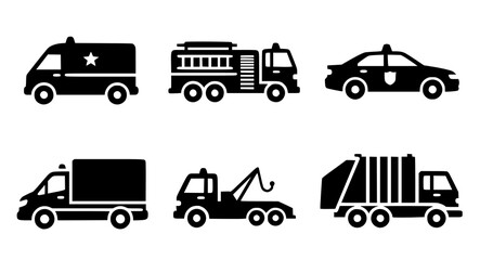 Collection of various vehicles including ambulance fire truck car truck tow truck and garbage truck in black silhouette