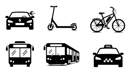 Black silhouettes of various urban transportation vehicles including electric car scooter bicycle buses and taxi on transparent 