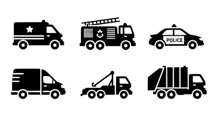 Collection of emergency and service vehicles in black silhouette on transparent background