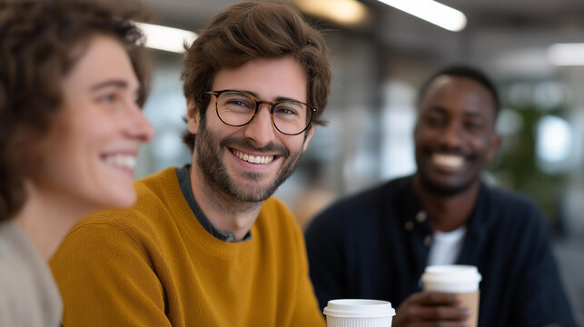 Office coffee break moment with coworkers laughing, casual discussion, coffee cups, bright office interior, friendly atmosphere, team connection, motivation boost and daily corporate routine scene