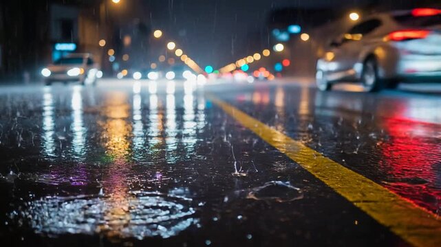 Low angle view of raindrops splashing on a wet asphalt road at night. City street lights and car headlights reflecting on the surface