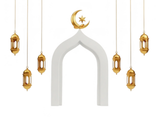 Golden lanterns and crescent moon above archway isolated on transparent background