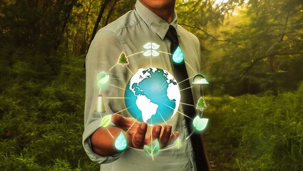 Businessman holding digital globe with environmental sustainability icons