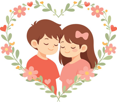 Cute Valentine&rsquo;s Day Illustration of a Loving Boy and Girl Inside a Floral Heart Frame