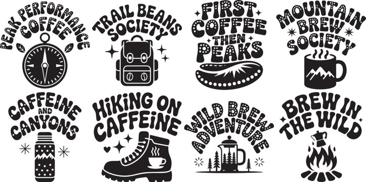 Mountain and coffee adventure quotes and illustrations set