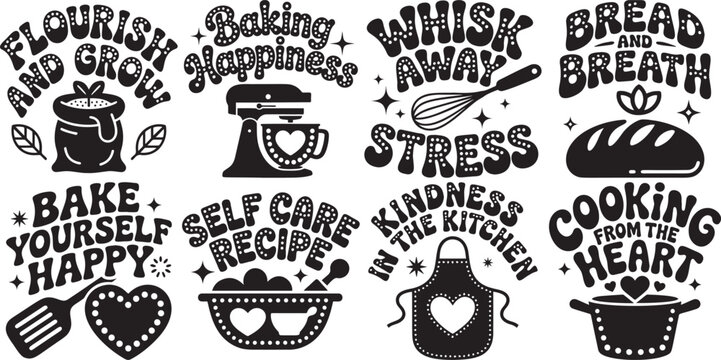 Baking and cooking quotes and illustrations set