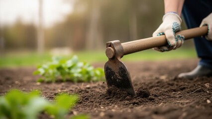 A person digs into the soil with a trowel in a garden on a sunny day