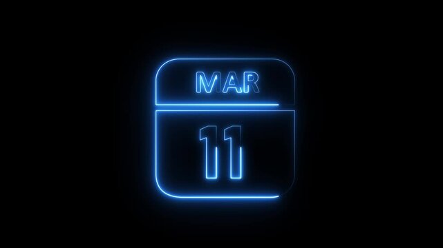 Glowing neon 11 March icon .a neon sign with a calendar that says "11 DAYS". HD Video motion graphic animation isolated on transparent background.