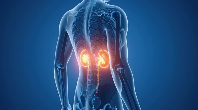 Human Anatomy kidneys urinary system orange glowing kidneys x-ray 3d medical illustration kidney diseases renal health, isolated on dark blue background, blue glowing lines