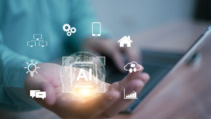 User interacting with futuristic smart home AR interface through mobile device, showing connected technology and automation icons.
