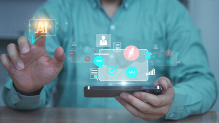 Man interacting with AI-powered virtual interface above tablet, showcasing artificial intelligence icons, automation, and data systems.
