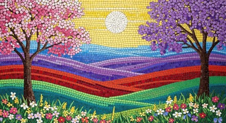 Vibrant impressionistic landscape art blooming trees and colorful hills