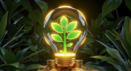 Glowing plant inside light bulb symbolizing green energy innovation