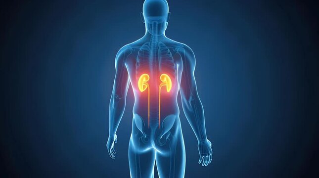 Human Anatomy kidneys urinary system orange glowing kidneys x-ray 3d medical illustration kidney diseases renal health, isolated on dark blue background, blue glowing lines