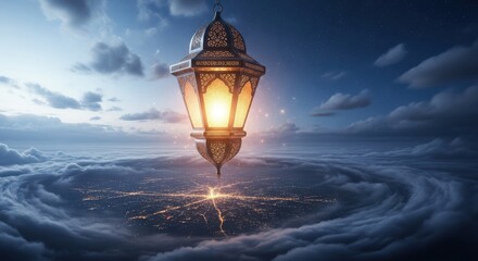 Illuminated lantern floating amidst swirling clouds evokes mystery and hope